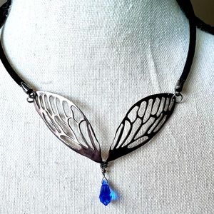 Vintage Open Sterling Butterfly Wings Choker Sapphire Blue Crystal Velvet Chain